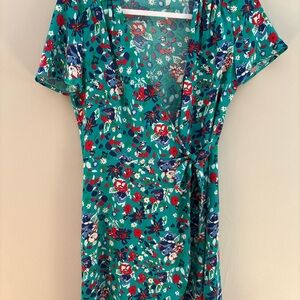 J. Crew Factory Teal Floral True Wrap Dress Side Tie Tulip Hem Size 0